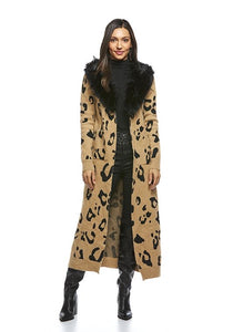 LEOPARD KNIT SWEATER DUSTER WITH FAUX FUR COLLAR
